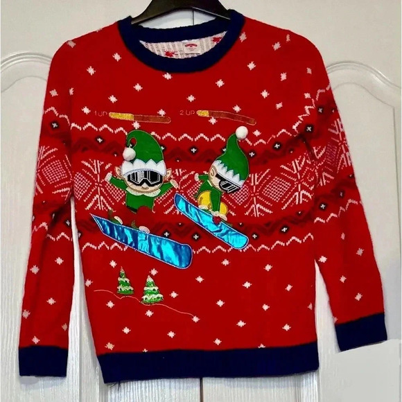 Holiday Time Kids Christmas‎ Ugly Sweater Santa Elf Snowboarder Boys Size L - Picture 1 of 7